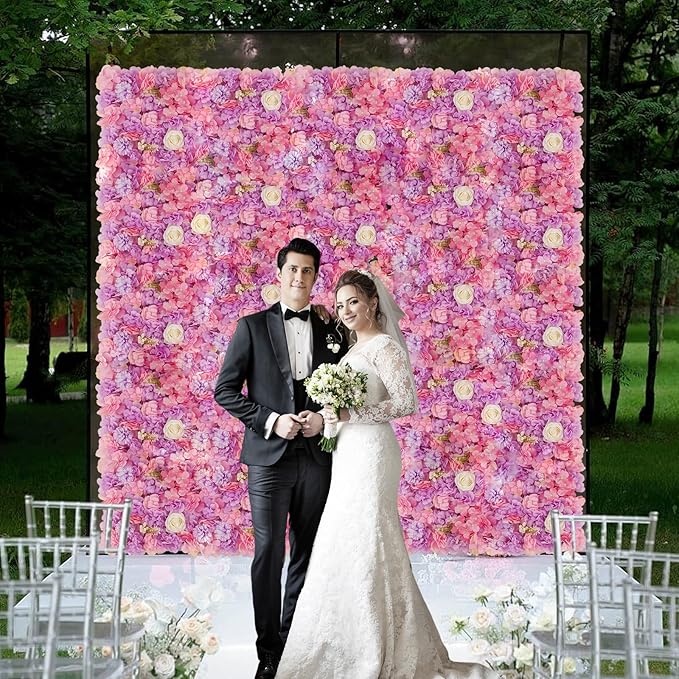 3D Flower Wall Backdrop - 12-Panel Set with Pink & Purple Roses for Home, Wedding, Party (15x15 inch)