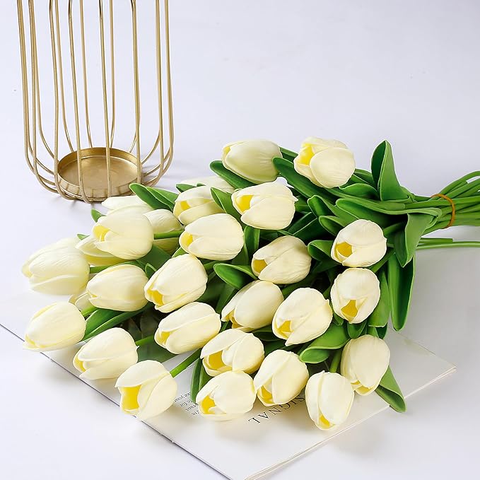 Sggvecsy 30 Pcs Fake Tulips Artificial Flowers Real Touch PU Faux Flowers Tulip Stems for Wedding Spring Bouquet Floral Arrangement Home Party Office Decorations for Mother's Day (Milk White)