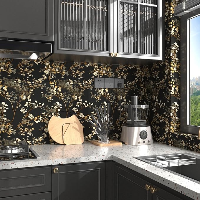 Vintage Black Floral Wallpaper Classic Watercolor Leaves Wall Paper 17.4" x 394" Dark Moody Contact Paper Chinoiserie Self Adhesive Covering for Bedroom Bathroom Cabinet Home Decor Black Grey