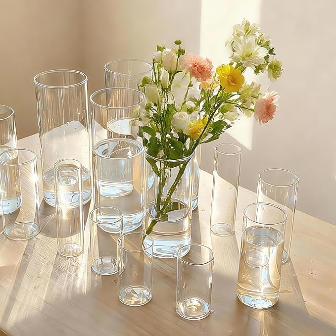 Cylinder Glass Bud Vases Set of 10 Clear Flower Vase for Centerpieces Shelf, Modern Small Vases for Living Room Bedroom Office Home, Decor for Wedding House Warming Party