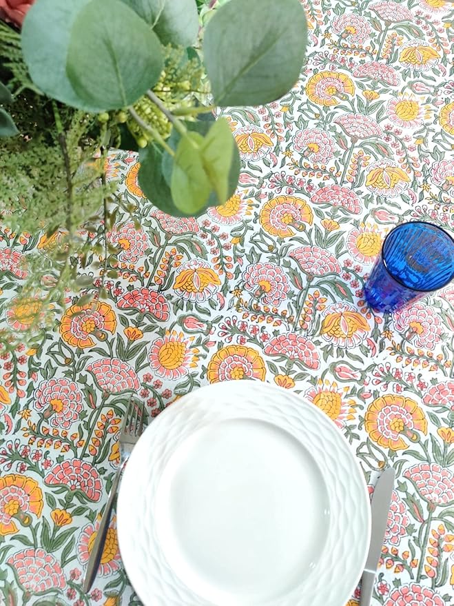 ATOSII Clover Yellow 100% Cotton Square Fall Tablecloth, Handblock Floral Print Linen Table Cloth for Kitchen Dining I Parties, Weddings, Outdoors, Christmas, Thanksgiving Fall Decor 60 X 60 Inches