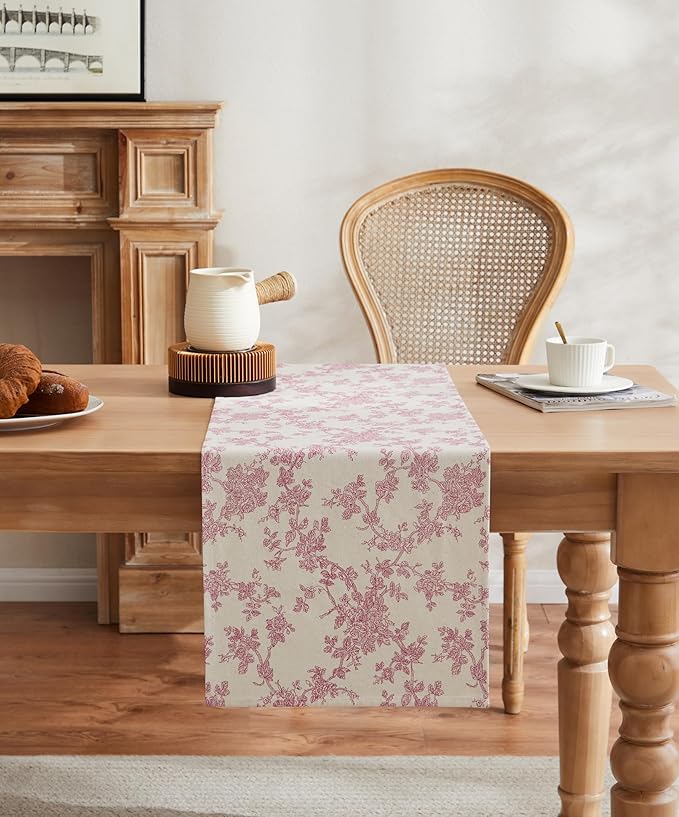 100% Cotton French Pastoral Table Runners, 13x36 Inch Pink Farmhouse Table Runners 36 Inches Long, Vintage Flowers Print Home Decors