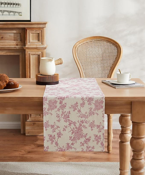 100% Cotton French Pastoral Table Runners, 13x48 Inch Pink Farmhouse Table Runners 48 Inches Long, Vintage Flowers Print Home Decors