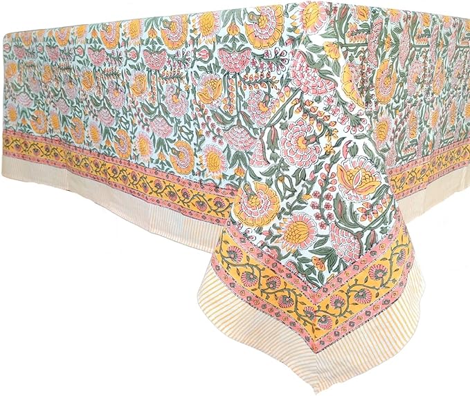 ATOSII Clover Yellow 100% Cotton Rectangle Fall Tablecloth, Handblock Floral Print Linen Table Cloth for Kitchen Dining I Parties, Outdoors, Christmas, Thanksgiving I 72 X 120 Inches I 10 Seater