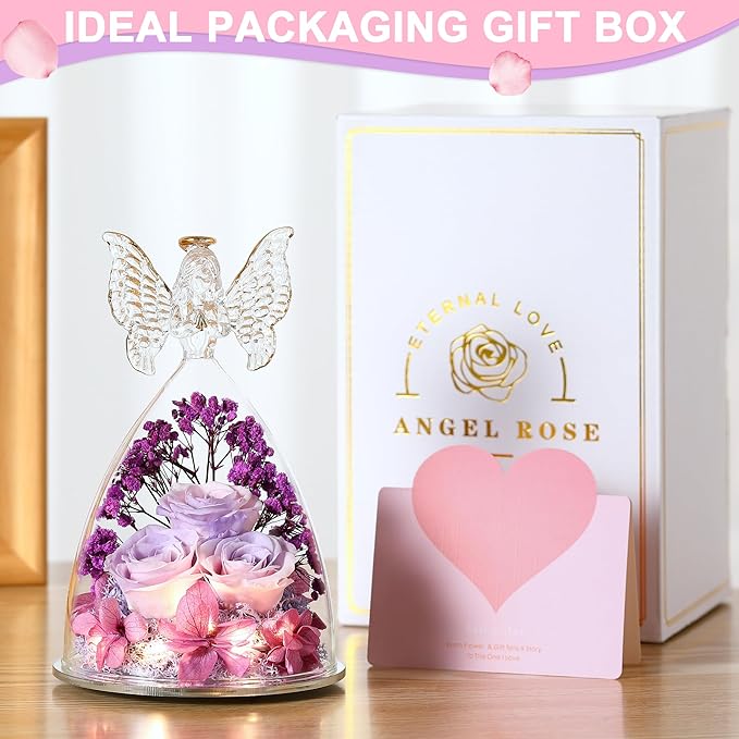 Christmas Rose Gifts for Women Preserved Real Flower in Glass Angel Figurines Roses for Delivery Prime Birthday Gifts for Mom Grandma Girlfriend Wife Her, Pinkpurpurple