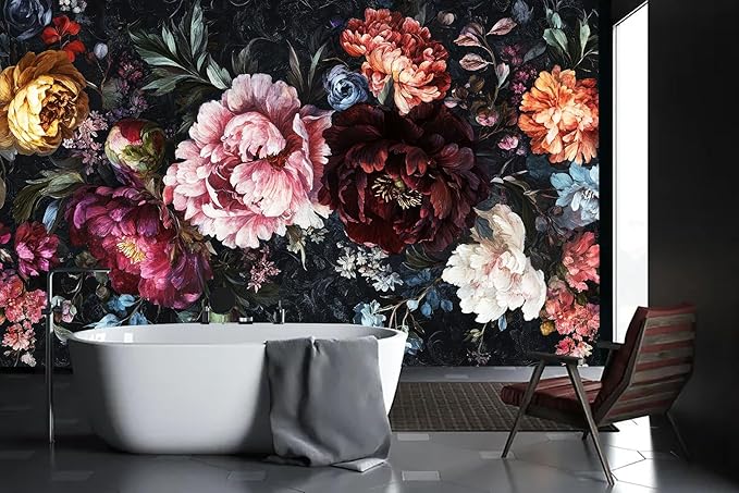 Dark Floral Wallpaper Mural Large Peony Flowers Wall Murals for Bedroom（Not Peel and Stick）
