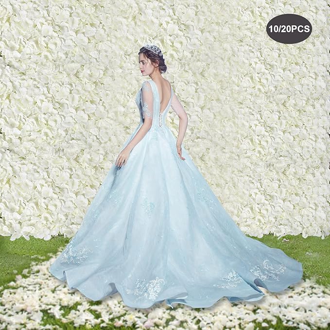 3D Flower Wall Panel, 20pcs Artificial Floral Wall Backdrop, Realistic Silk Flower Backplanes, Roll Up Fake Flower Background for Valentines Wedding Party Photo Arrangement Outdoor Decor(Milky White)