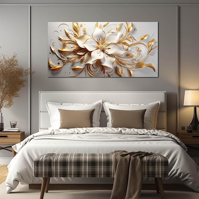 Flower Canvas Wall Art for Bedroom White and Gold Wall Decor for Living Room Wall Art for Dining Room Large Size 29" x 58"