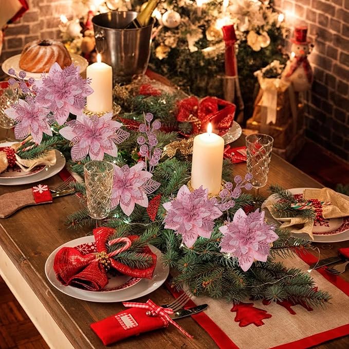 24 Pcs Pink Boxed Christmas Poinsettia Flowers Set, 16 Pcs Artificial Poinsettias with Clips, 8 pcs Glitter Christmas Tree Ornaments Berry Stems for Wedding Home Holiday Xmas New Year Decorations
