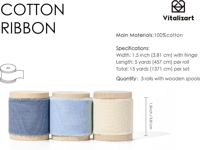 Vitalizart 100% Cotton Ribbon 1-1/2" x 15 Yd Blue & White Handmade Frayed Fringe Fabric Ribbons for Gift Wrapping Wedding Invites Bridal Shower Bouquets Christmas Decorations