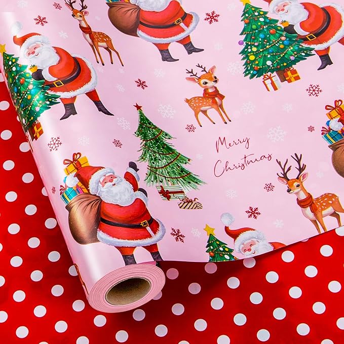 Yarcony Pink Christmas Wrapping Paper, Santa Gift Wrapping paper, Reversible Vintage Santa Claus, Christmas Tree & Reindeer Festive Holiday Gift Wrap for Present Packaging, Craft (17 Inch X 33 Feet)