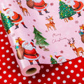 Yarcony Pink Christmas Wrapping Paper, Santa Gift Wrapping paper, Reversible Vintage Santa Claus, Christmas Tree & Reindeer Festive Holiday Gift Wrap for Present Packaging, Craft (17 Inch X 33 Feet)
