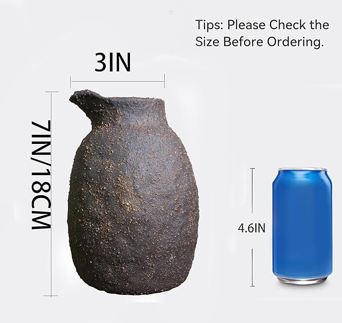 Rustic Ceramic Vase Vintage Farmhouse Style Decor, Frosted Texture Pottery for Home Decor, Modern Living Room, Office Desk Table Centerpiece (Brown) 7IN