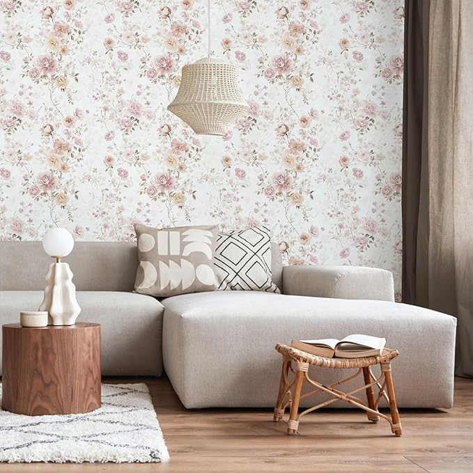 Vintage Floral Peel and Stick Wallpaper Pink Vintage Contact Paper 17in×118in Pink Rose Wallpaper Self Adhesive Removable Boho Wall Paper Waterproof for Bathroom Bedroom Decorative Vinyl Roll