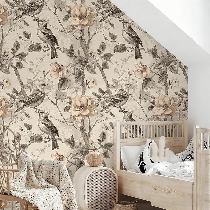 Vintage Animal Peel and Stick Contact Paper Beige Bird Removable Botanical Leaf Tree Wallpaper 17.7" x 236.22" Wall Paper Watercolor Self Adhesive for Classroom Bedroom Laundry Room Bathroom