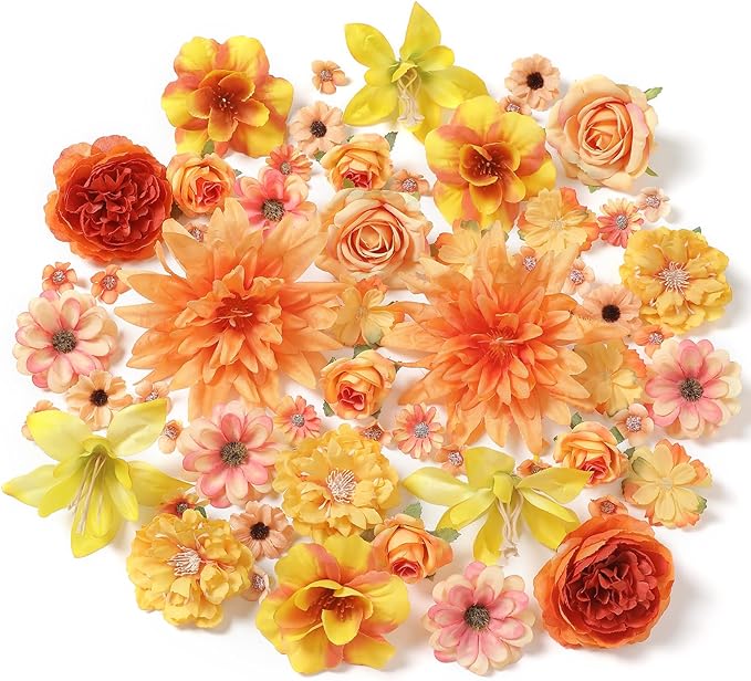 Fake Flower Heads Bulk - Orange Silk Daisy & Rose Fall Artificial Flower for Crafts, DIY, Graduation Cap, Wedding, Party, Cake Topper, Home Garland Decor