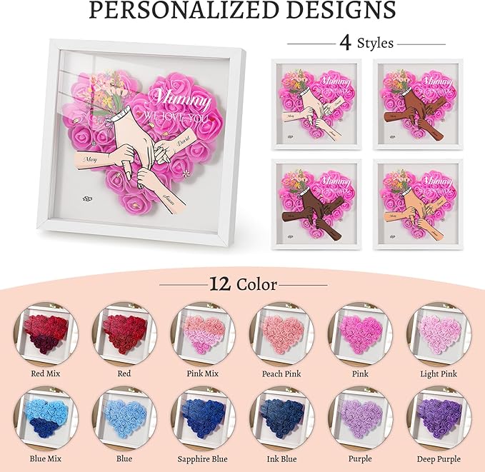 Mom We Love You - Personalized Flower Shadow Box with Names, Christmas Mothers Day Flower Box Gifts for Mom (Style 4-Hand in Hand)