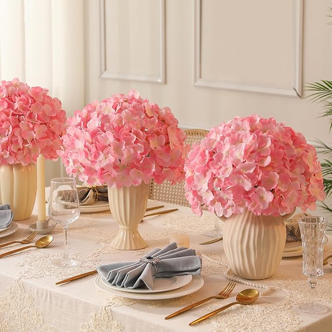 Veryhome 20Pcs Pink Hydrangea Artificial Flowers, Faux Hydrangea Flowers, Silk Flowers Heads with Stems, Fake Hydrangeas for Home Decor Wedding Party Centerpieces DIY Floral Arrangements