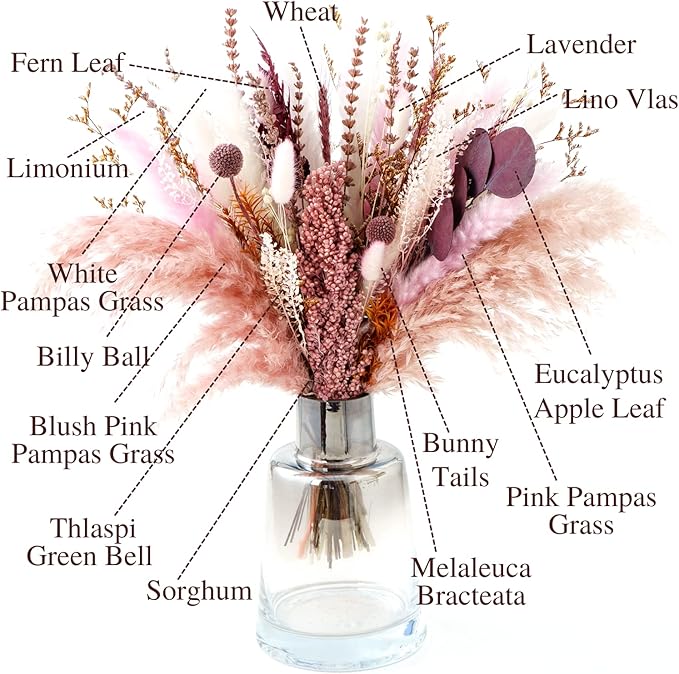 Pampas Grass Decor, Fall Dried Flowers Bouquet - Lavender, Bunny Tails, Eucalyptus & Preserved Flowers for Vases - Rustic Floral Arrangements for Home Wedding Table Centerpiece