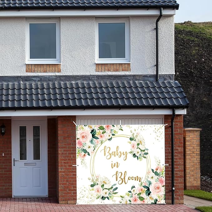 Baby in Bloom Baby Shower Garage Door Cover Banner Decorations Backdrop 7x8ft Pink Boho Floral Golden Loop Garage Door Backdrop Baby Shower Cake Table Outdoor Garage Door Banner Decorations
