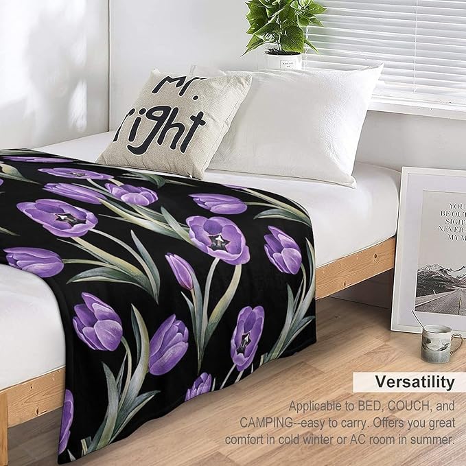 Purple Tulip Blanket Flower Gifts for Girls Women Tulip Floral Throw Blanket for Kids Adults Soft Warm Cozy Fleece Blanket for Couch Sofa Bed 60"x80"