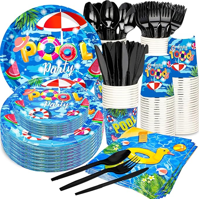 175Pcs Pool Party Supplies Beach Ball Party Set 9"Pool Party Plates 7"Beach Dessert Plate Napkins Cup Knive Fork Spoon for luau Ball Water Tube Picnic PoolBirthday Party Decor Serve25