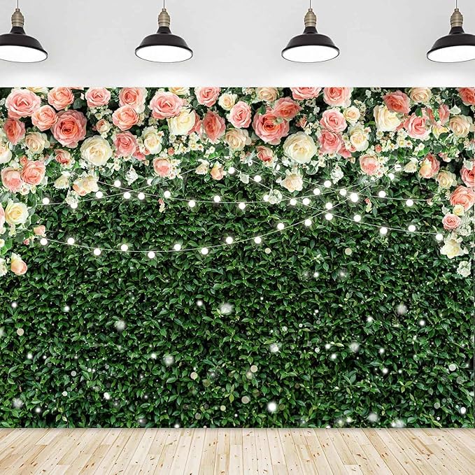 Sensfun Flower Wall Backdrop Spring Pink Rose Blossom Green Leaves Photography Background Floral Grass Birthday Baby Shower Miss to Mrs Wedding Bridal Shower Backdrops Portrait Photo Booth Props 8x6ft