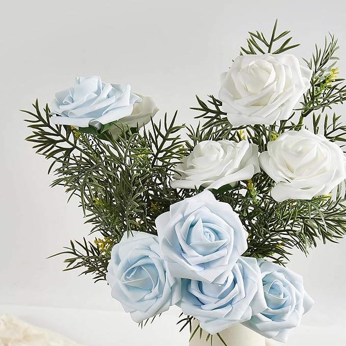 Artificial Flowers, 25pcs Blue Artificial Rose for DIY Wedding Bouquets Centerpieces Arrangements, Fake Flower with Stems for Party Home Decorations