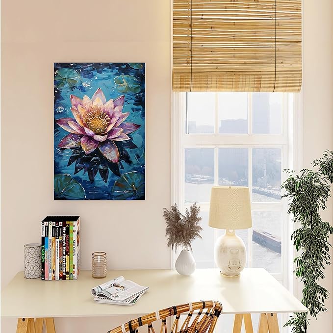 Gorgeous pink and purple water lilies on deep blue water Eye-catching oil painting Serene aquatic wall art for modern home decor 8x12in Frameless