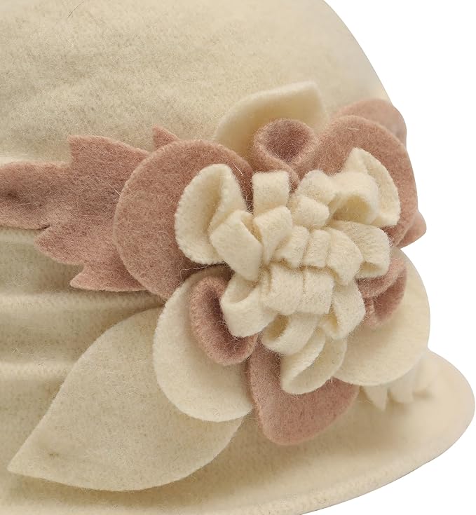 ZLYC Women Wool Cloche Bucket Hat 1920s Vintage Dress Winter Hats with Flower Accent
