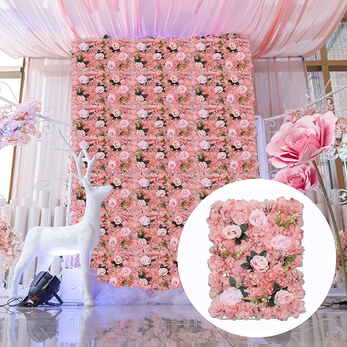 12 Pcs Artificial Flower Wall Panels, 24"x16" 3D Pink Silk Dahlia Hydrangea Rose Flowers Wall Backdrop Artificial Silk Fabric Flower Banquet Wedding Party Decor for Stage Background (Type 4)