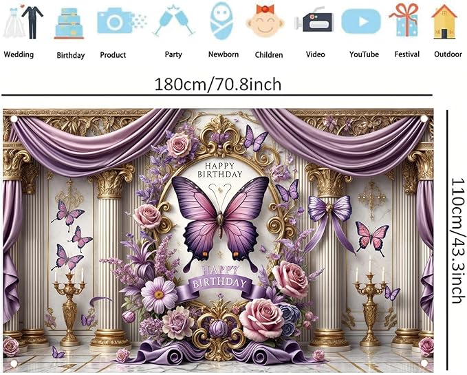 Floral Birthday Backdrop Banner for Girls Spring Butterfly Happy Birthday Photography Background Pink Flower Blossom Plant Pastel Lovely Princess Banner Photo Booth Studio 70.8 x 43.3 Inch