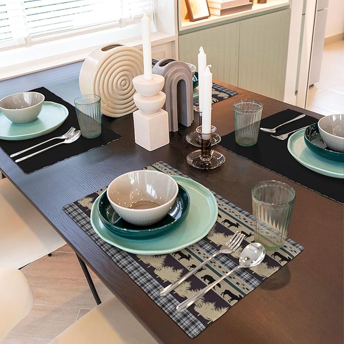 Rustic Deer Placemats Set of 6,Wild Bear Deer Paw Print Decor Kitchen Mats for Pattern Rustic Farmhouse Style Place Mats for Dining Table 12x18 Inch 6 PCS