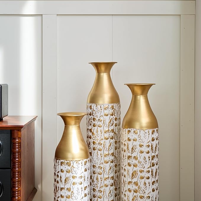 Floor Vases, Tall Home Decor Metal Vase Set of 3 Large Glazed Decorative Vases for Wedding Decor, Elegant Modern Flower Holder for Living Room, Entryway, Hallway, Dining Room