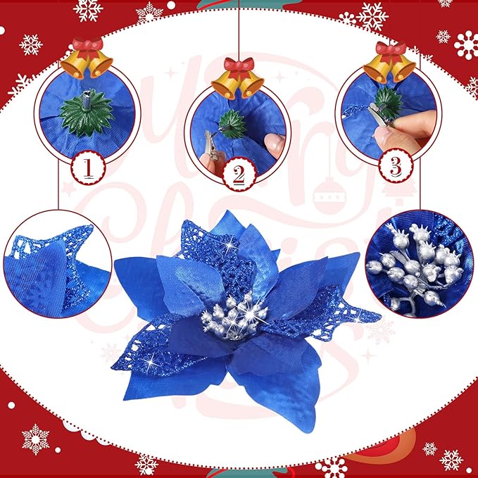 Boao 24 Pieces Christmas Artificial Glitter Poinsettia Flowers Xmas Flowers Wedding Christmas Tree New Year Ornaments(Royal Blue)