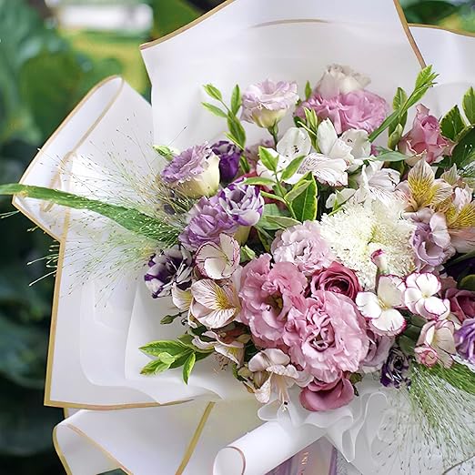 Jutieuo 20 Sheets White Flower Wrapping Paper, Waterproof Floral Wrap Gold Edge Bouquet Wrapping Paper Florist Supplies (22.8 x 22.8 inch)
