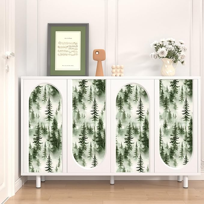 Foggy Forest Wallpaper Peel and Stick,Green Pine Trees Contact Paper,Misty Woodland Landscape Wall Paper Mural Self Adhesive Waterproof Removable for Bathroom Shelves Cabinet Drawer Table 17.5" x 118"