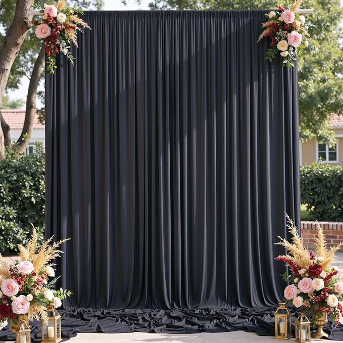 gogoparti 10x15 ft Black Backdrop Curtain for Weddings & Parties - 2-Panel Wrinkle-Free Polyester Drape, 15 FT Long for Birthday, Baby Shower, Halloween Photography Background
