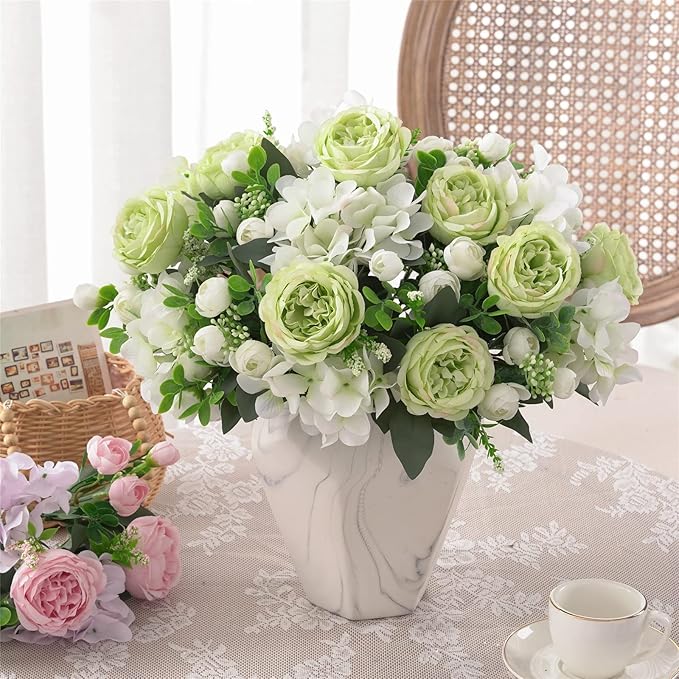 4 Bunches Green Peony Artificial Flowers for Decoration Faux Rose Fake Bouquet Silk Arrangements Table Centerpiece for Vase Cake Topper Bridal Baby Shower