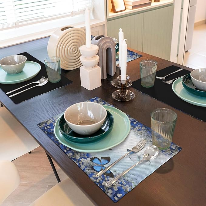 Blue Butterfly Flowers Placemats Set of 4,Spring Summer Flower Place Mats Washable for Kitchen Dining Table Heat Resistant Decorative Colth Table Mats 4 PCS, Style-3