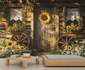 Rustic Cabin Sunflower Wall Mural, Vintage Cottage Door Sunflower 3D Wall Murals, Farmhouse Nature Wallpaper Mural, for Living Room Bedroom Large Wallpaper Indoor Decor 137.8" W x100 H