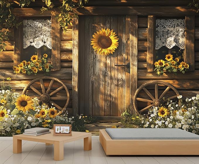 KIREUPA Rustic Cabin Sunflower Wall Mural, Vintage Cottage Door Sunflower 3d Wall Murals, Farmhouse Nature Wallpaper Mural, for Living Room Bedroom Large Wallpaper Indoor Decor 78.7" W x55.1 H