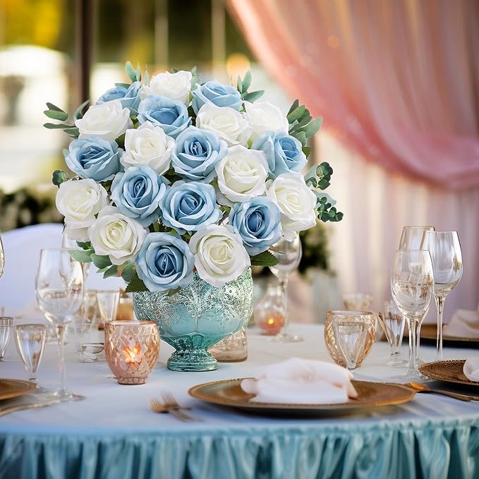20PCS Artificial Roses with Long Stems - Realistic Silk Flowers, Fake Roses Real Touch Bouquet Roses for Home Decor, Bridal Wedding Table Centerpieces, Faux Rose Flowers (White&Sky Blue)