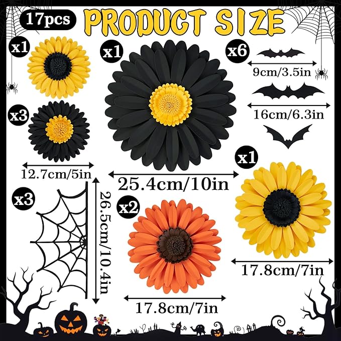 Paper Flowers Decorations for Wall, Black and Orange Party Decorations 3D Large Artificial Flower Hanging Paper Fans Fall Bulletin Board Decoration for Classroom Autumn Thanksgiving Window Fall Decal