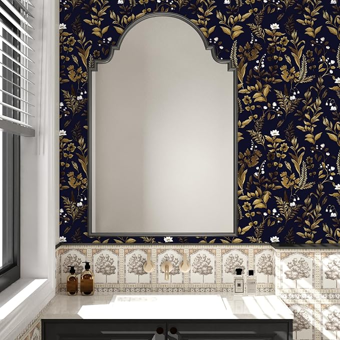 Extra Long Dark Navy Vintage Floral Wallpaper 17.5In x 393In Boho Peelable Contact Paper Botanical Wall Paper Waterproof Stick on Backsplash Bedroom Cabinet Drawer Deep Blue Yellow Gold