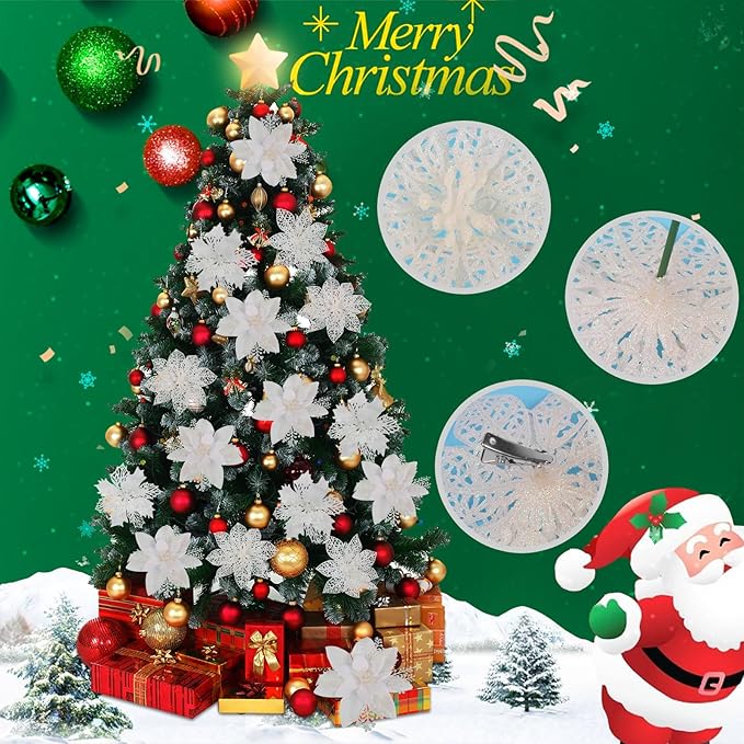 RECUTMS 66 Pcs 3 Styles White Christmas Ornaments Christmas Glitter Poinsettia Flowers Artificial Christmas Tree Flower Decorations Wedding Wreath Floral Decorations(White)