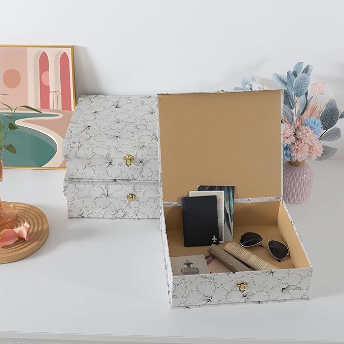 Soul & Lane Black and White Floral Cardboard Decorative Storage Boxes with Gold Hardware - Set of 3, Hibiscus Harmony - Stacking Boxes with Lids for Home Decor and Organizing, Elegant Design