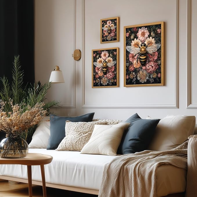 LLEEMPI William Morris Wall Art, Vintage Bee Floral Wall Decor, Insect Flower Canvas Painting, Abstract Nature Botanical Poster Print for Living Room Bedroom Kid Room Hallway Wood Framed 16x24 inch