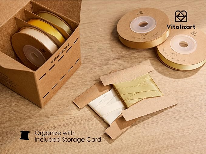 Vitalizart Gold Ribbons for Crafts 3/8" x 50 Yd Yellow Satin Ribbon Champagne Double Face Gift Wrapping Silk Like Fabric Flower Bouquet Birthday Party Decorations Bridal Shower Wreath Hair