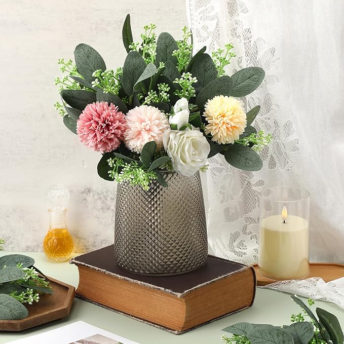 Janinka 75 Pcs Mixed Eucalyptus Leaves Stems Bulk Artificial Eucalyptus Leaves with White Seeds Artificial Silver Dollar Sprays Faux Oval for Floral Wreath Bouquets Wedding Greenery Decoration